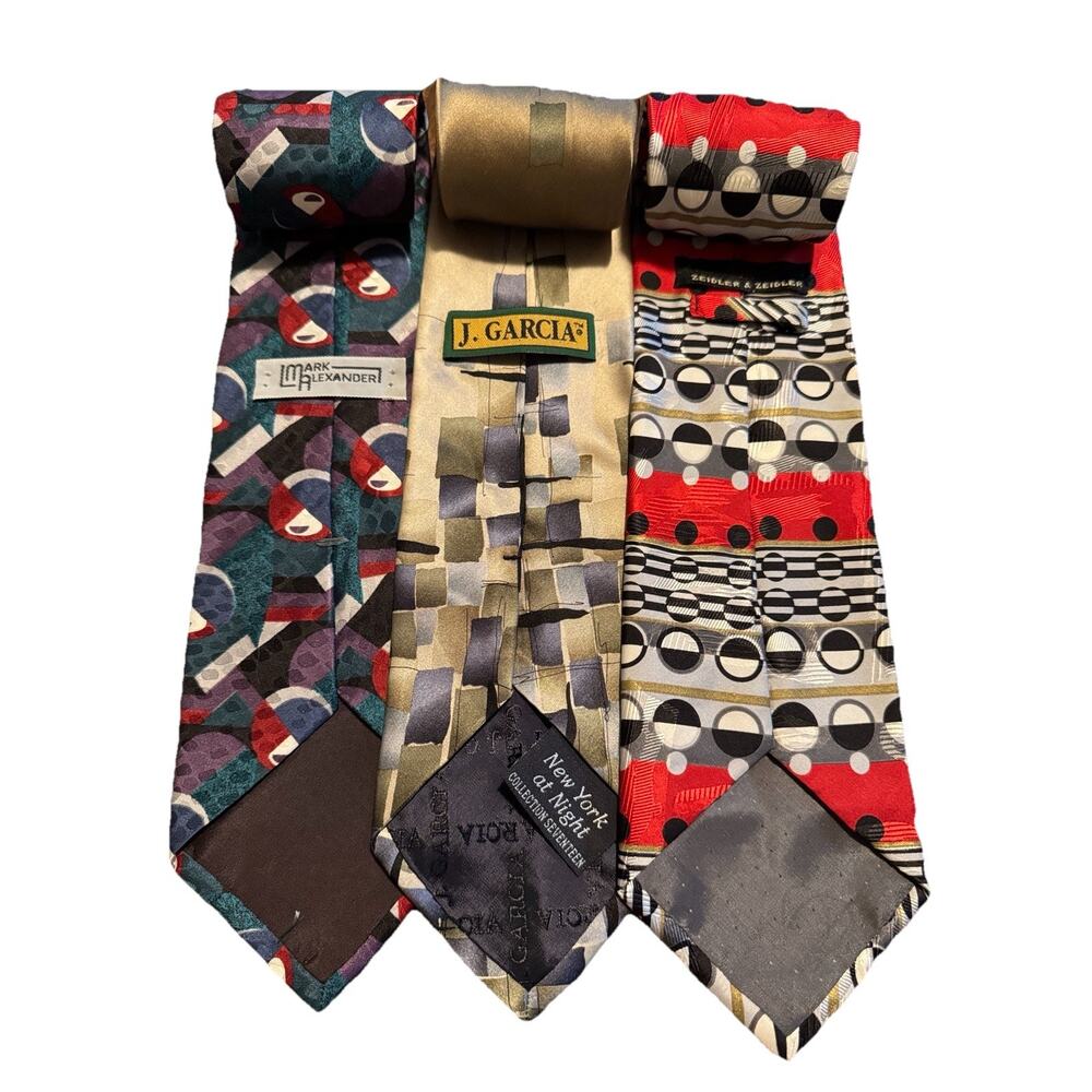 Lot of 3 Men’s Silk Ties – J. Garcia, Mark Alexander – Geometric Art Prints